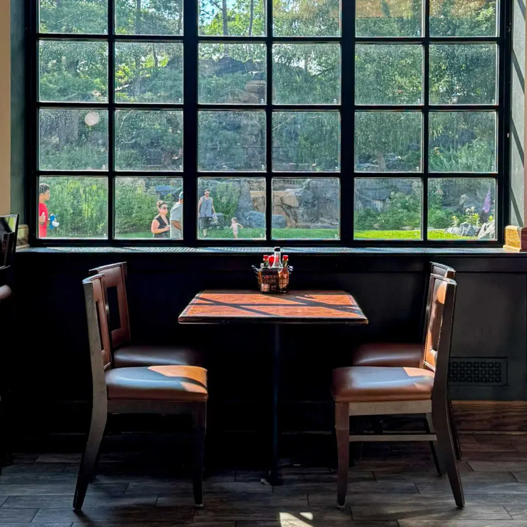 Table and chairs in dining room of Dock & Paddle set a front a large window as the sun peeks through
